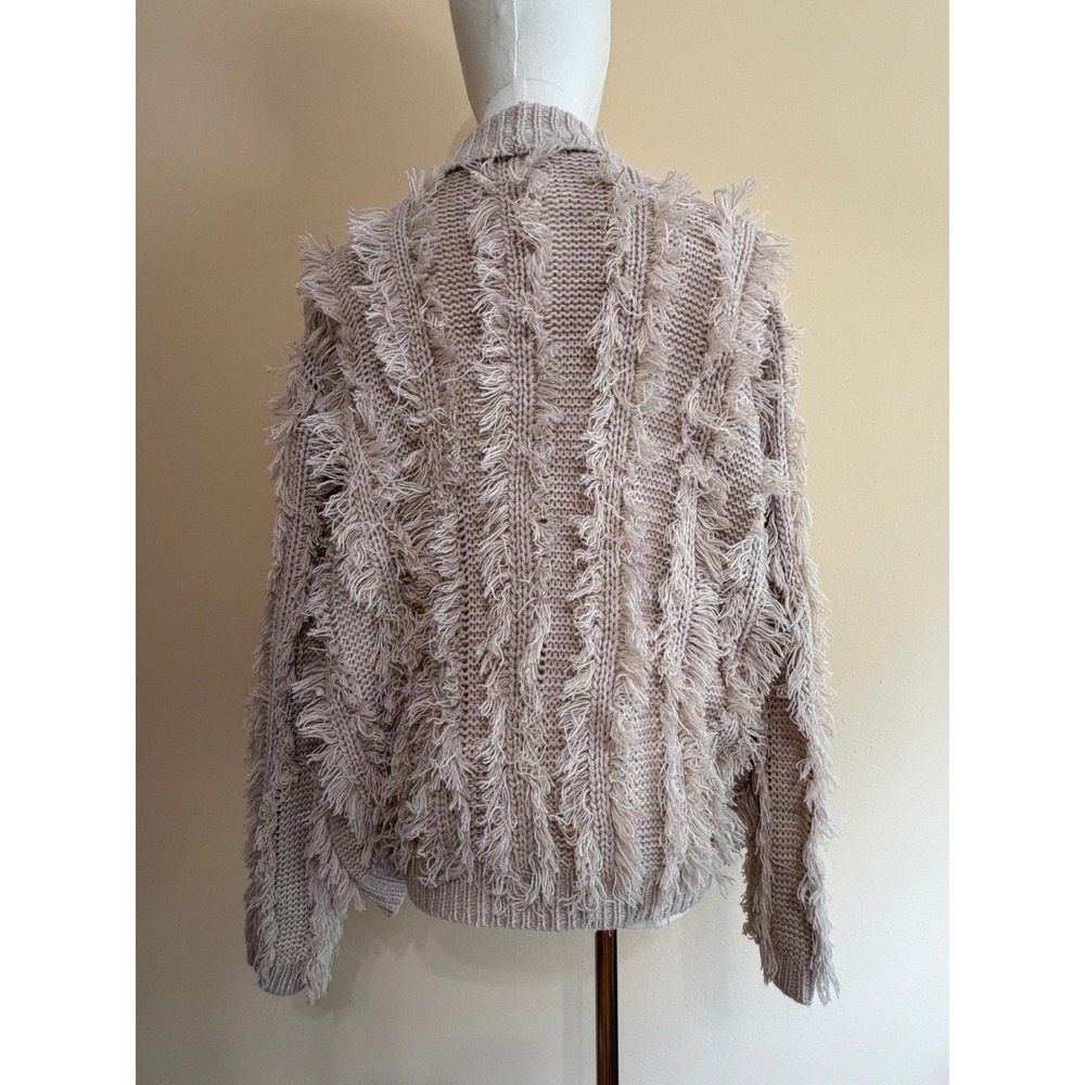 Katwalk Taupe Shaggy Fringe Chunky Knit Cardigan Sweater Womens Medium NWT